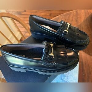 Black Leather Loafers with Gold Accent